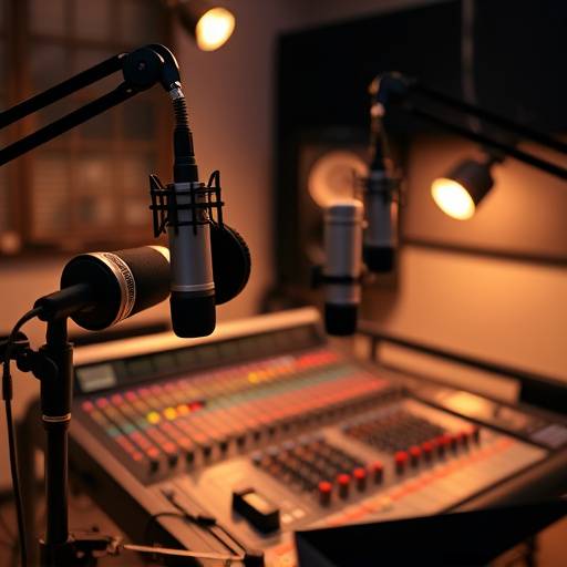 A podcast recording setup with multiple microphones, headphones, and a mixing console at SoundWave Studios.