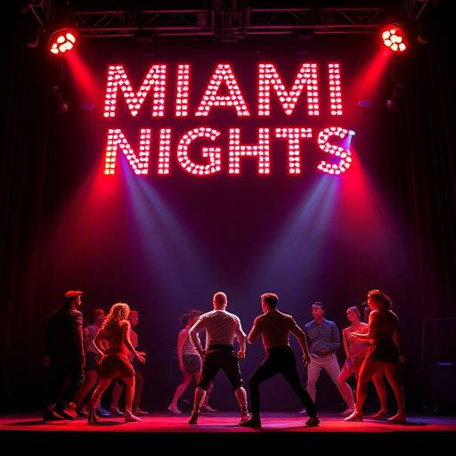 A promotional poster for a theatrical performance called 'Miami Nights,' featuring dramatic lighting and stylized costumes