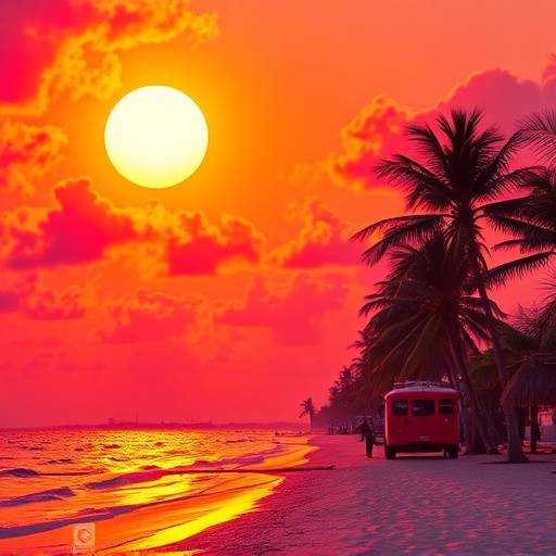 Album cover for 'Tropical Nights' by Luna Sol, featuring a vibrant sunset over Miami Beach