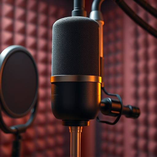 Close-up of a Neumann microphone in a professional recording booth at SoundWave Studios.