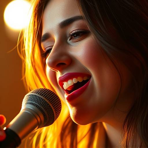 Portrait of Isabella Rodriguez, Vocal Coach and Session Musician, singing into a microphone with passion