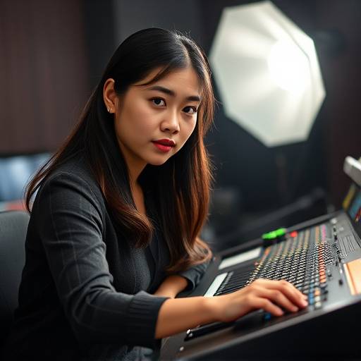 Portrait of Sofia Chen, Mixing and Mastering Specialist, looking focused in front of a mixing console