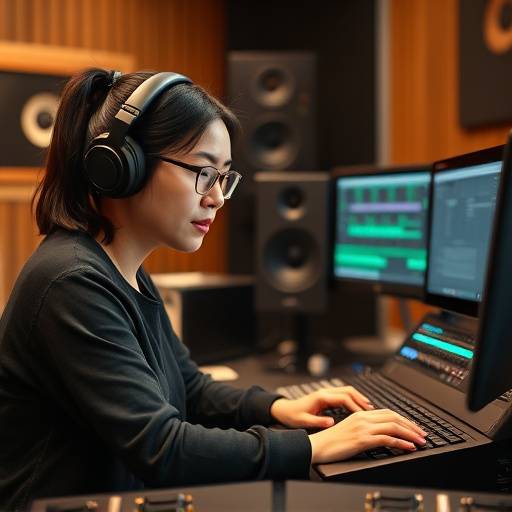 SoundWave Studios' mastering engineer, Sofia Chen, working on a mastering session with high-end studio monitors.